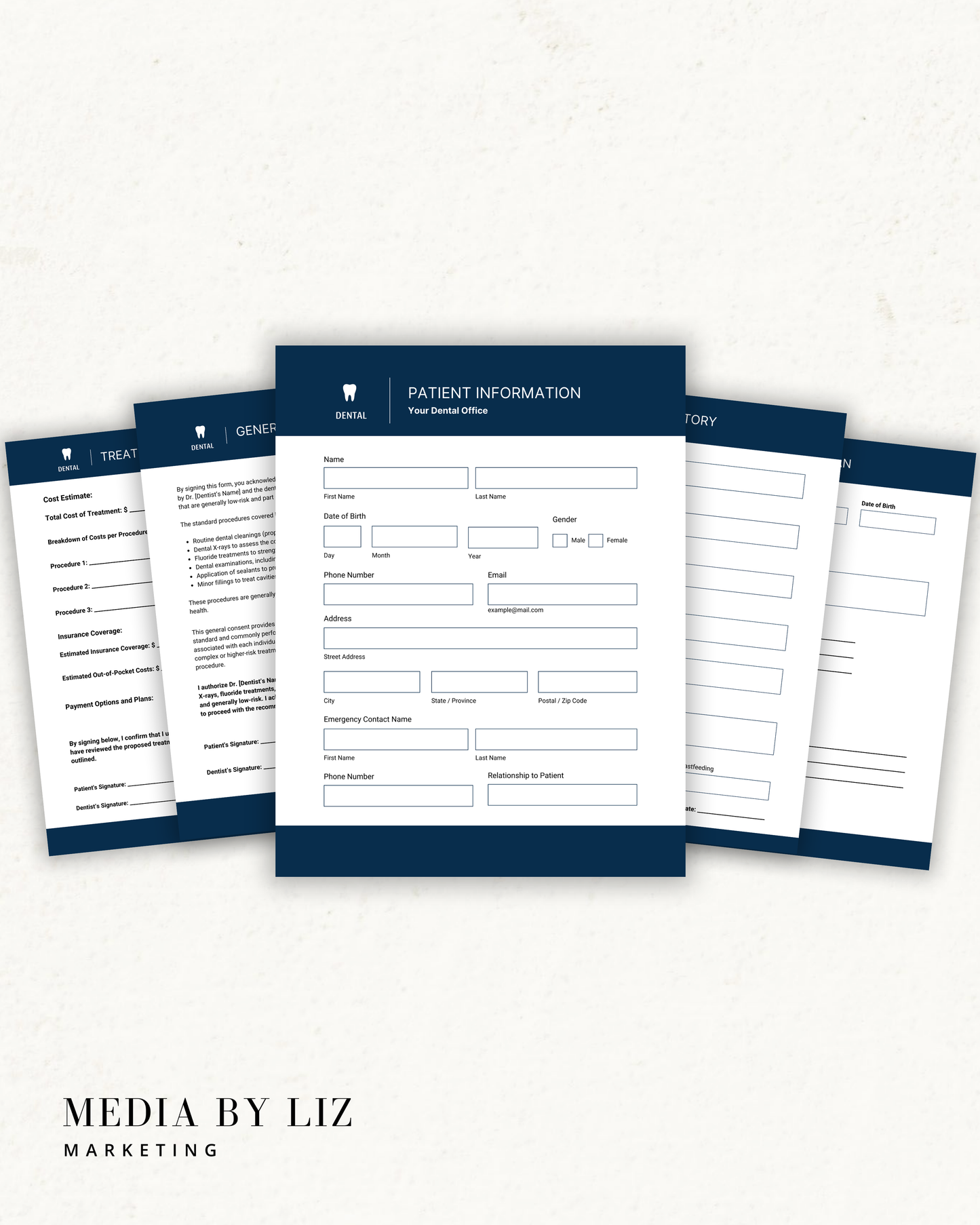 All-in-one dental practice templates kit preview including patient intake forms, treatment plan, and dental consent forms editable in Canva.