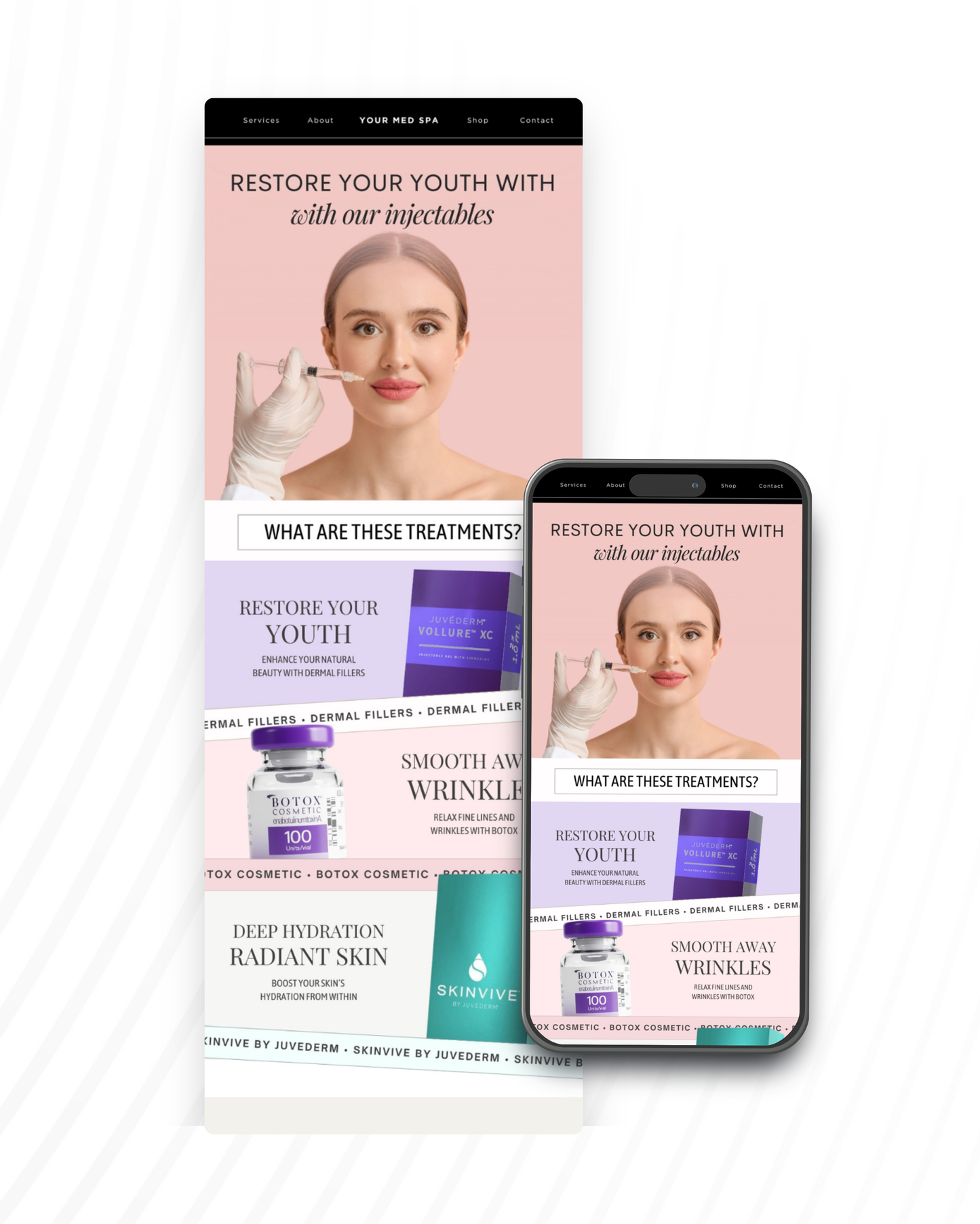 Email marketing template preview for med spas featuring Botox, Juvederm, Skinvive, and dermal filler promotions on desktop and mobile screens.