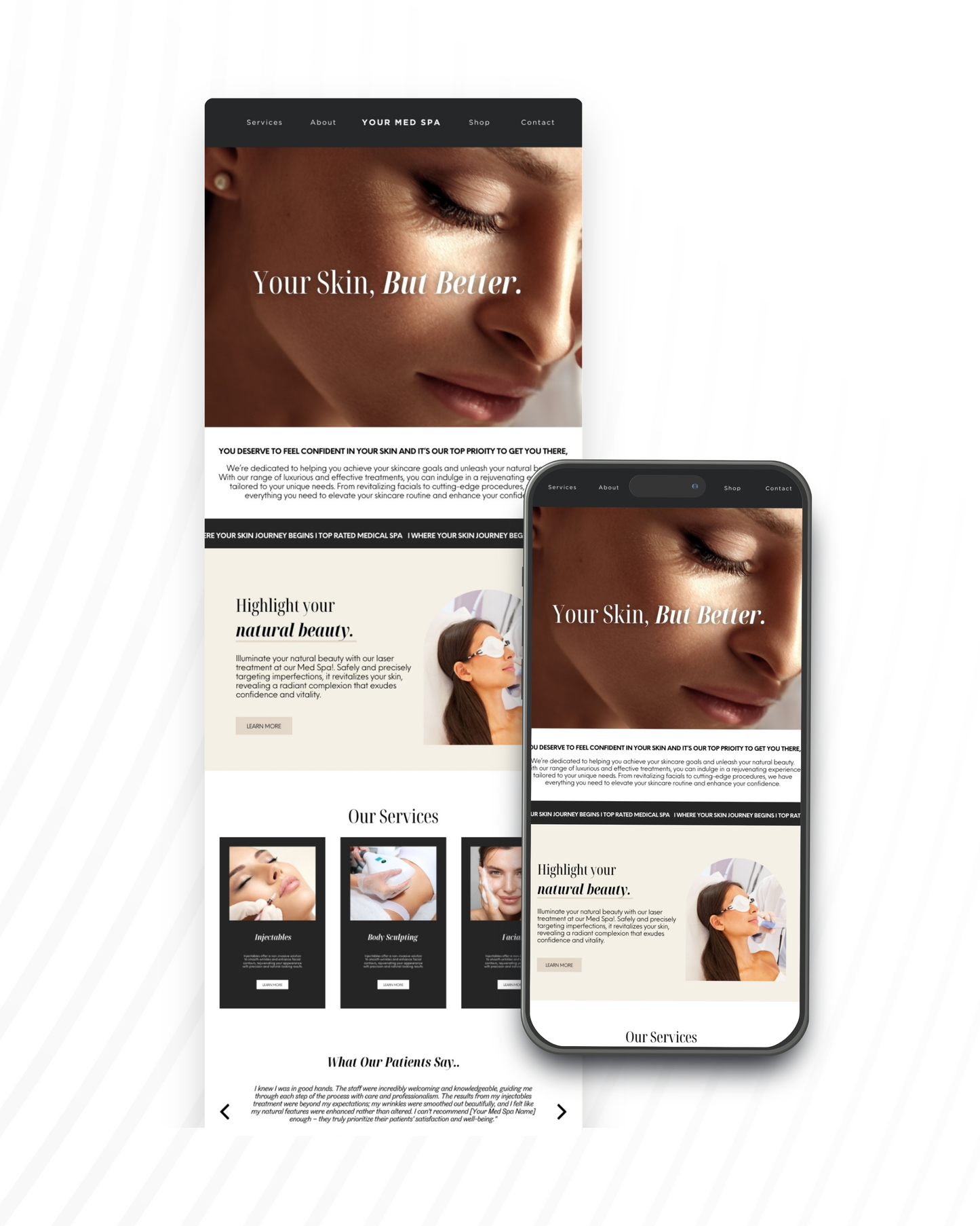 Mockup of med spa website and email template featuring skincare treatments, body sculpting, facials, and injectable service promotions on desktop and mobile screens.