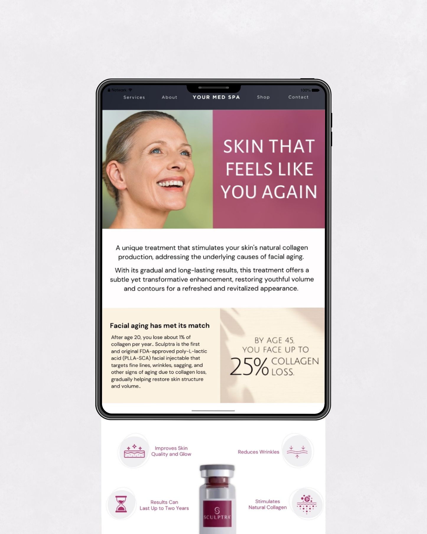 Canva email template promoting Sculptra for facial aging and collagen restoration, designed for med spas and injectors.