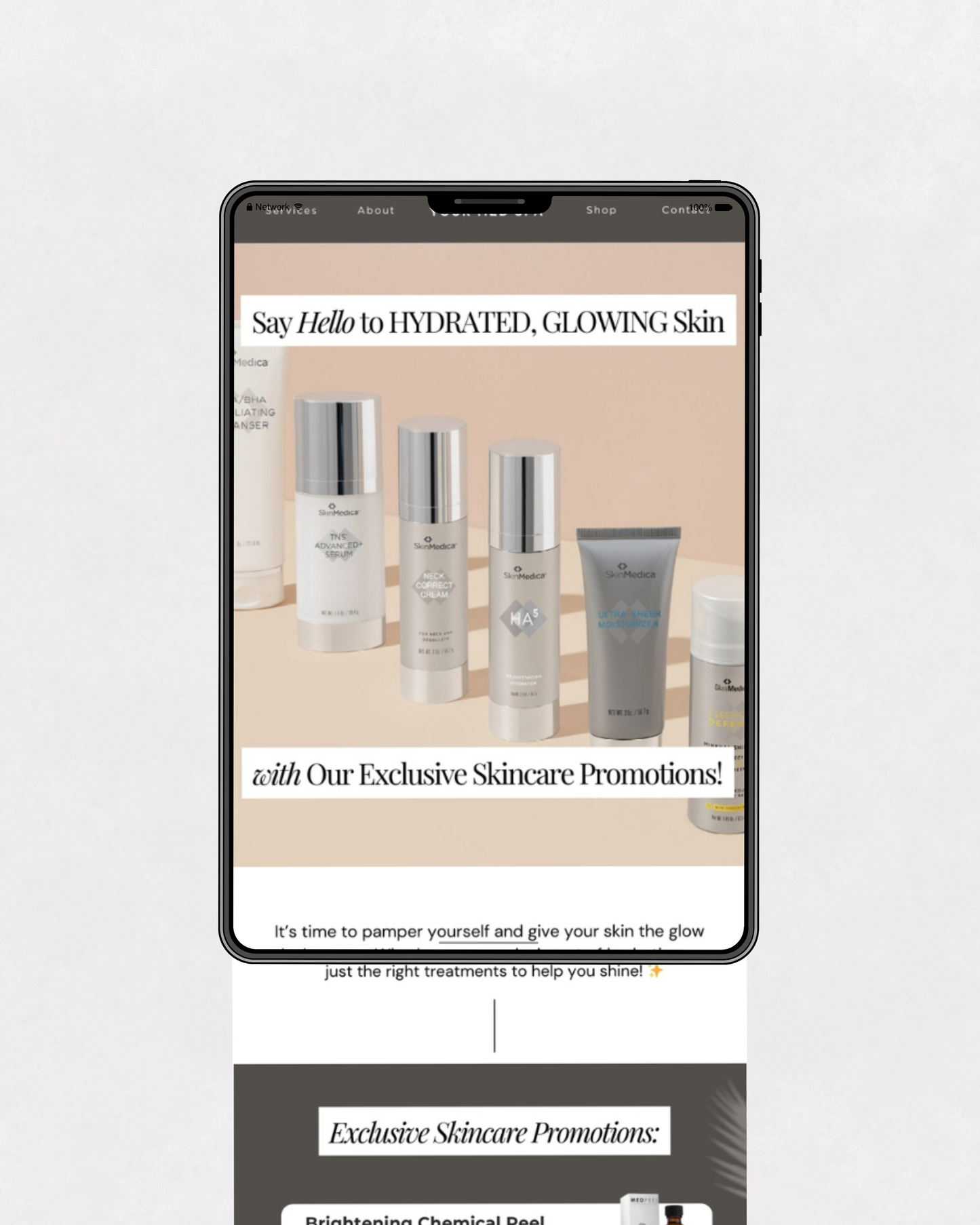 Email marketing template featuring professional skincare product promotions and exclusive med spa offers, displayed on tablet screen.