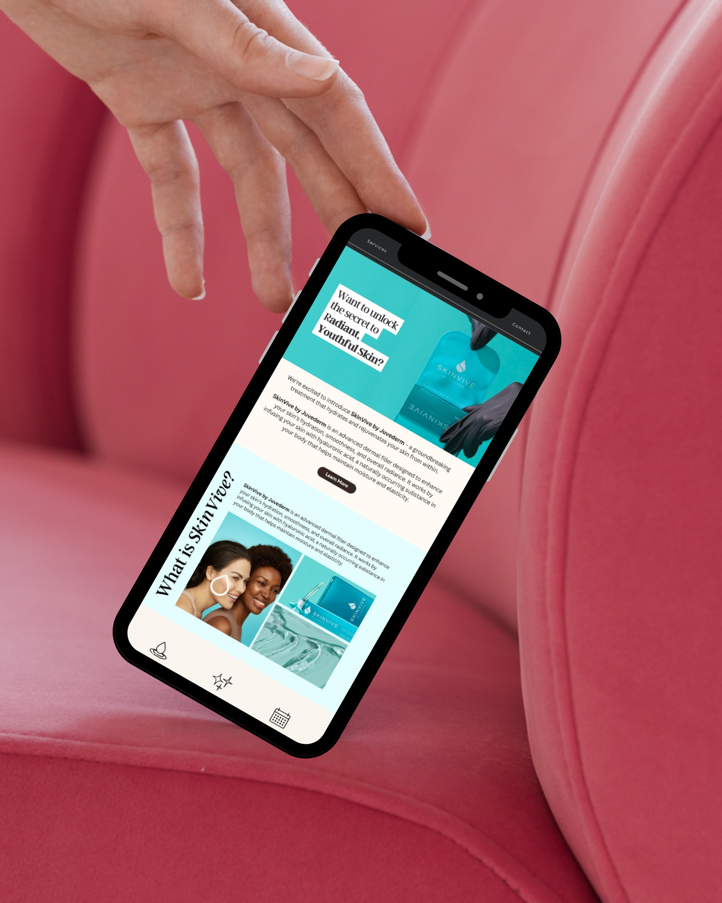 Mobile mockup of a Skinvive by Juvederm email template promoting radiant skin treatments for med spa patients.