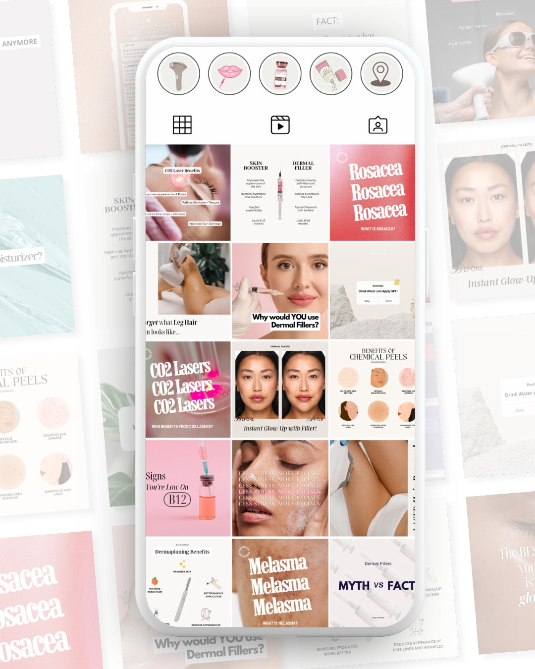 Customizable Instagram templates for med spa marketing - increase bookings for injectables and facials with professional social media posts