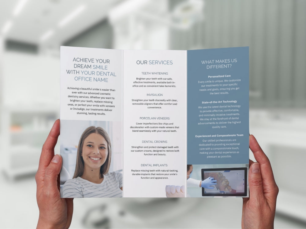 Custom-designed brochure promoting dental implants and restorative dentistry.