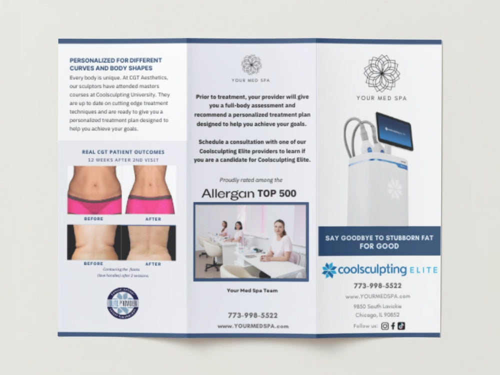 Elegant med spa brochure promoting body contouring and wellness services.