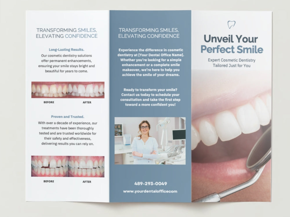 Professional tri-fold brochure highlighting teeth whitening services at a dental clinic.