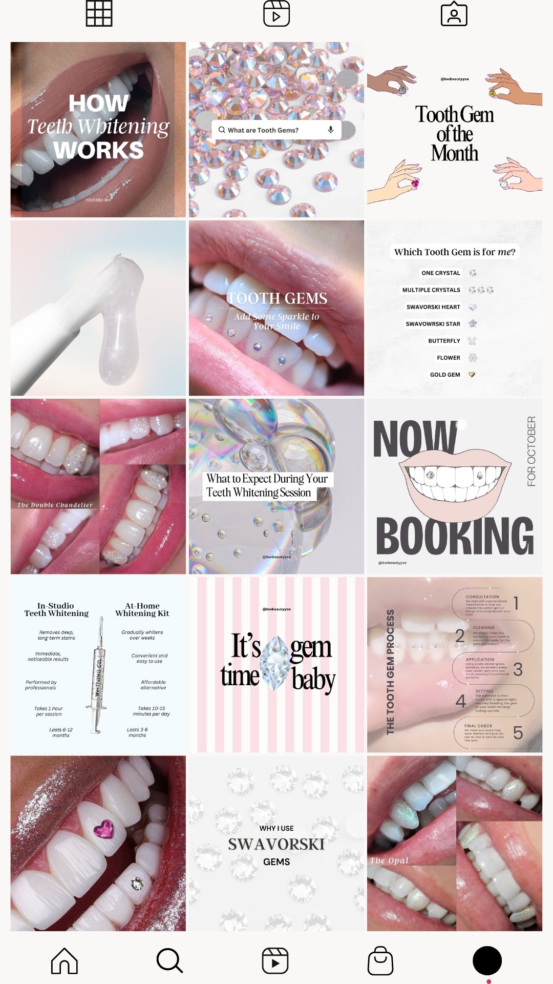 Instagram feed mockup featuring content related to tooth gems and teeth whitening. Posts include educational graphics on 'How Teeth Whitening Works,' 'What are Tooth Gems,' and 'Which Tooth Gem is Right for Me.' Also highlights the benefits of Swarovski gems and details on the tooth gem application process.