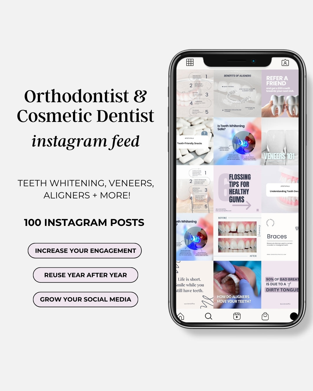 Customizable patient testimonial templates for cosmetic dental practices, included in the Cosmetic Dental Social Media Kit. Helps dentists share positive reviews, build credibility, and engage their audience on social media.