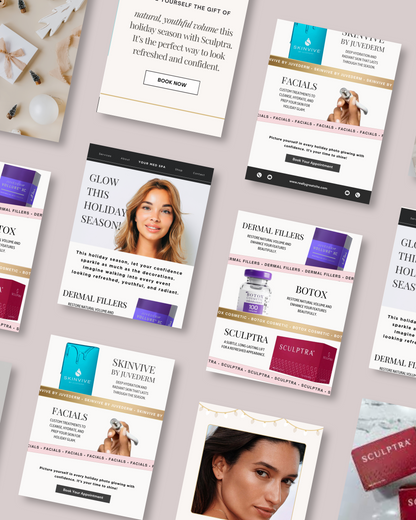 Customizable Canva email templates for med spa owners featuring festive designs for seasonal promotions.