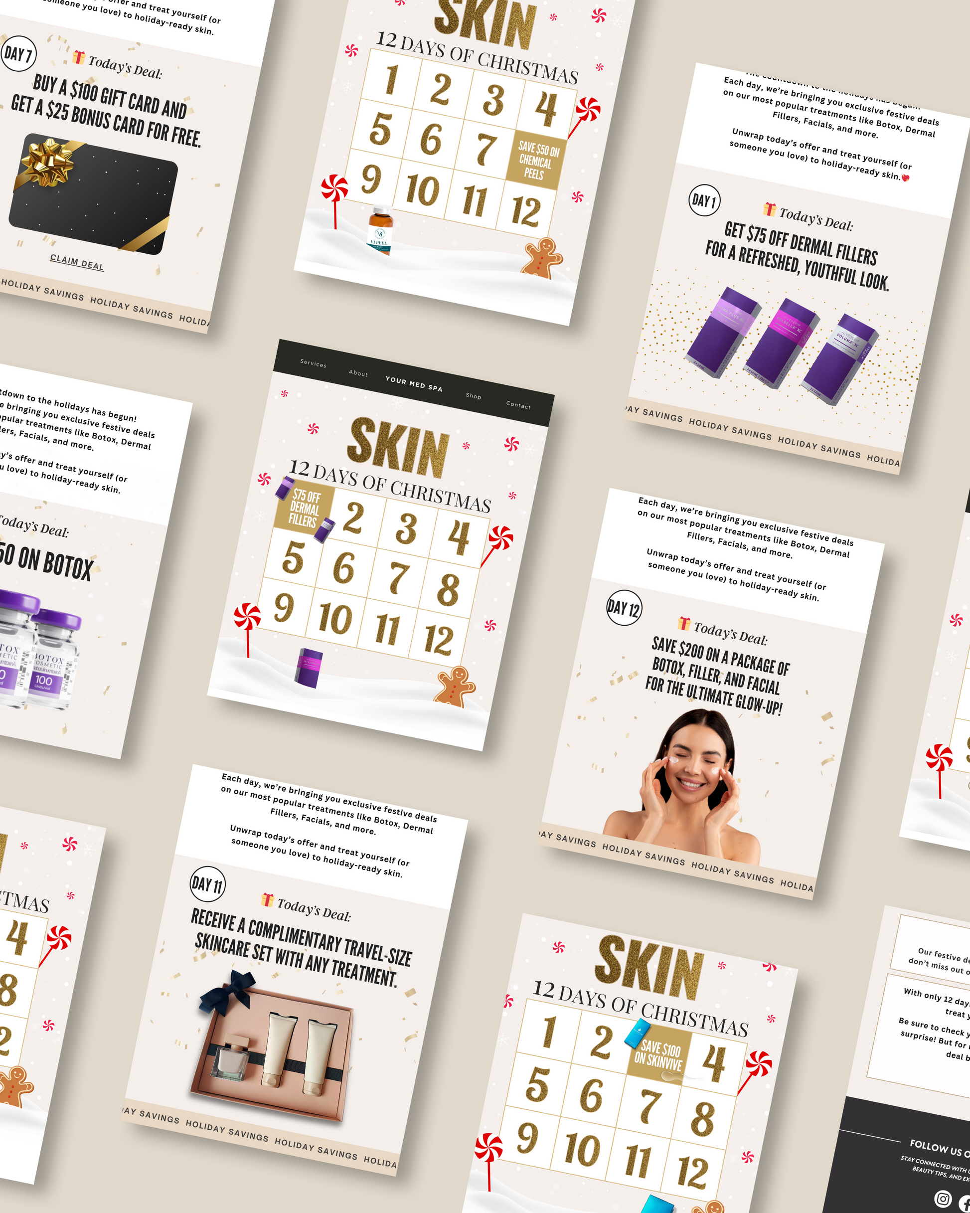 Easy-to-edit email templates for med spas to highlight festive offers and skincare treatments.