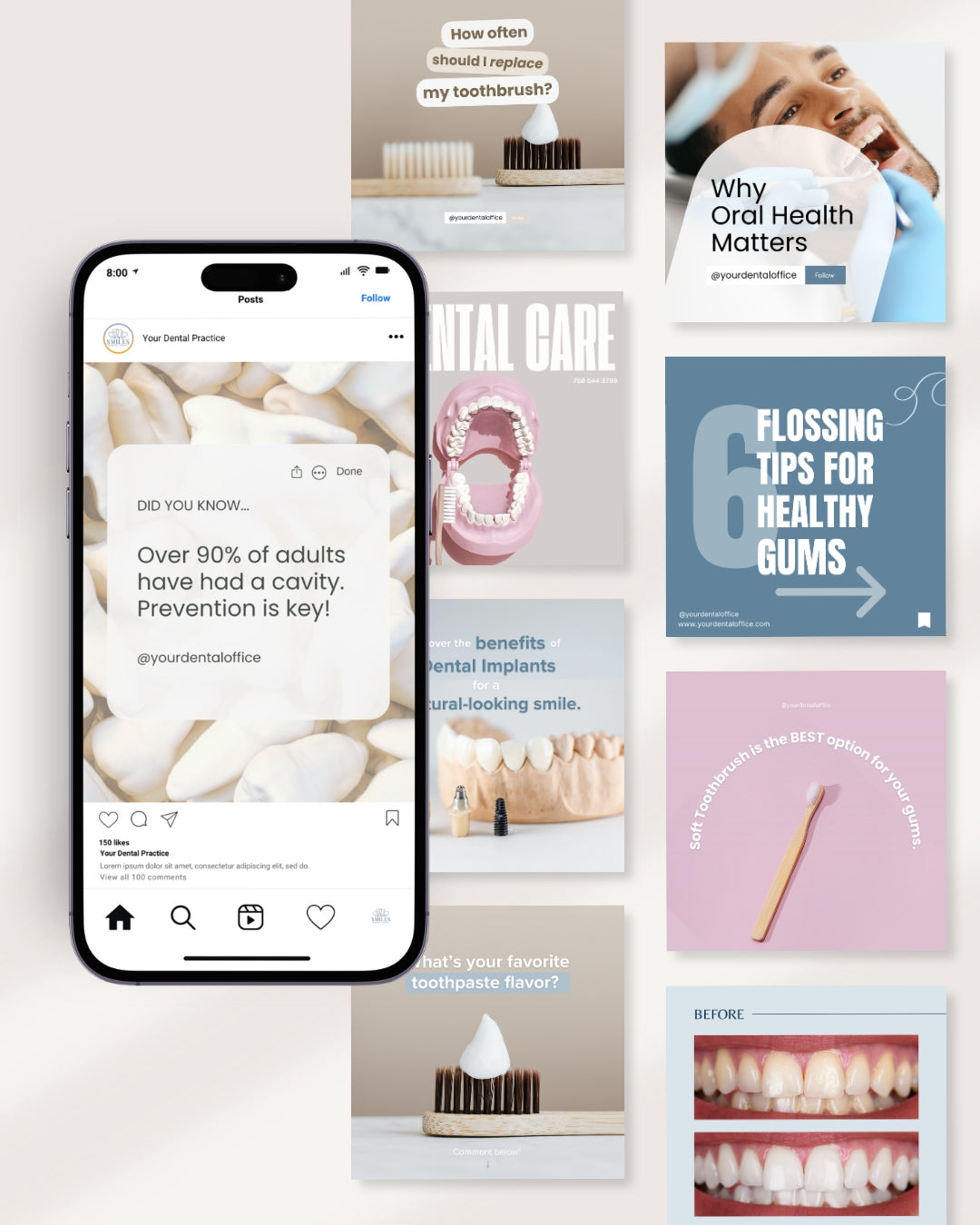 Elite Dental Social Media Kit for Dentists and Dental Practices - Highlighting posts on managing tooth pain, protecting teeth from grinding, and improving oral hygiene with engaging visuals and professional designs. Includes templates for new patient promotions and educational dental tips.
