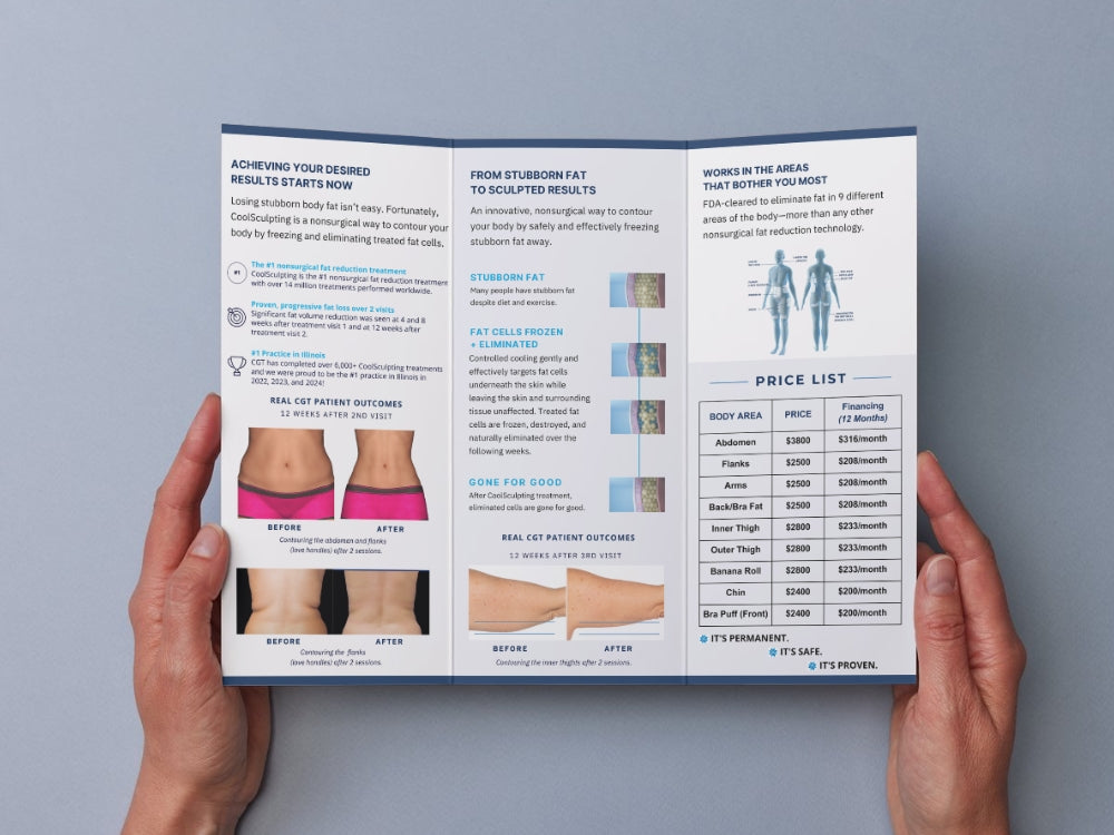 Custom-designed brochure promoting body contouring and sculpting treatments.