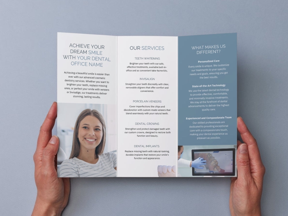 Professional tri-fold brochure highlighting teeth whitening services at a dental clinic.