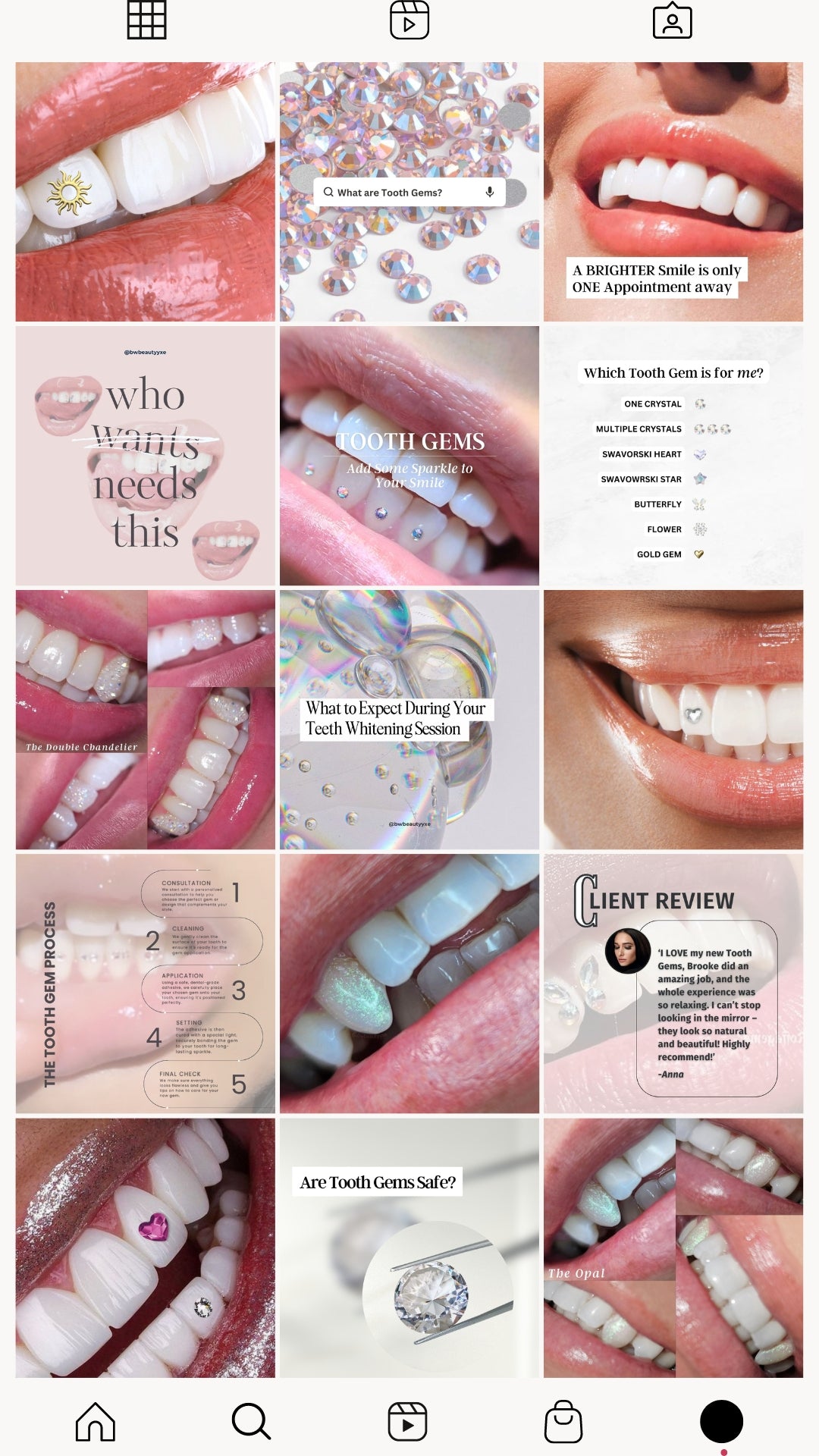 Instagram feed showcasing posts about tooth gems, teeth whitening, and client testimonials. Content covers topics such as 'What to Expect During Your Teeth Whitening Session,' 'Are Tooth Gems Safe?,' and 'Client Reviews.' The feed also promotes in-studio teeth whitening services and at-home kits.