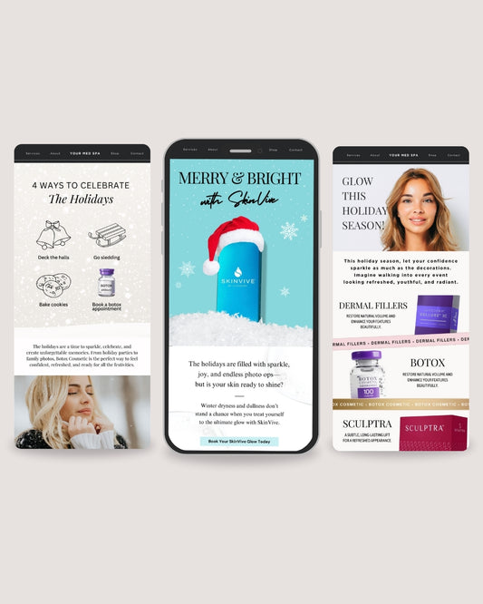 Holiday-themed email templates designed for med spas to promote Botox, dermal fillers, and laser services.