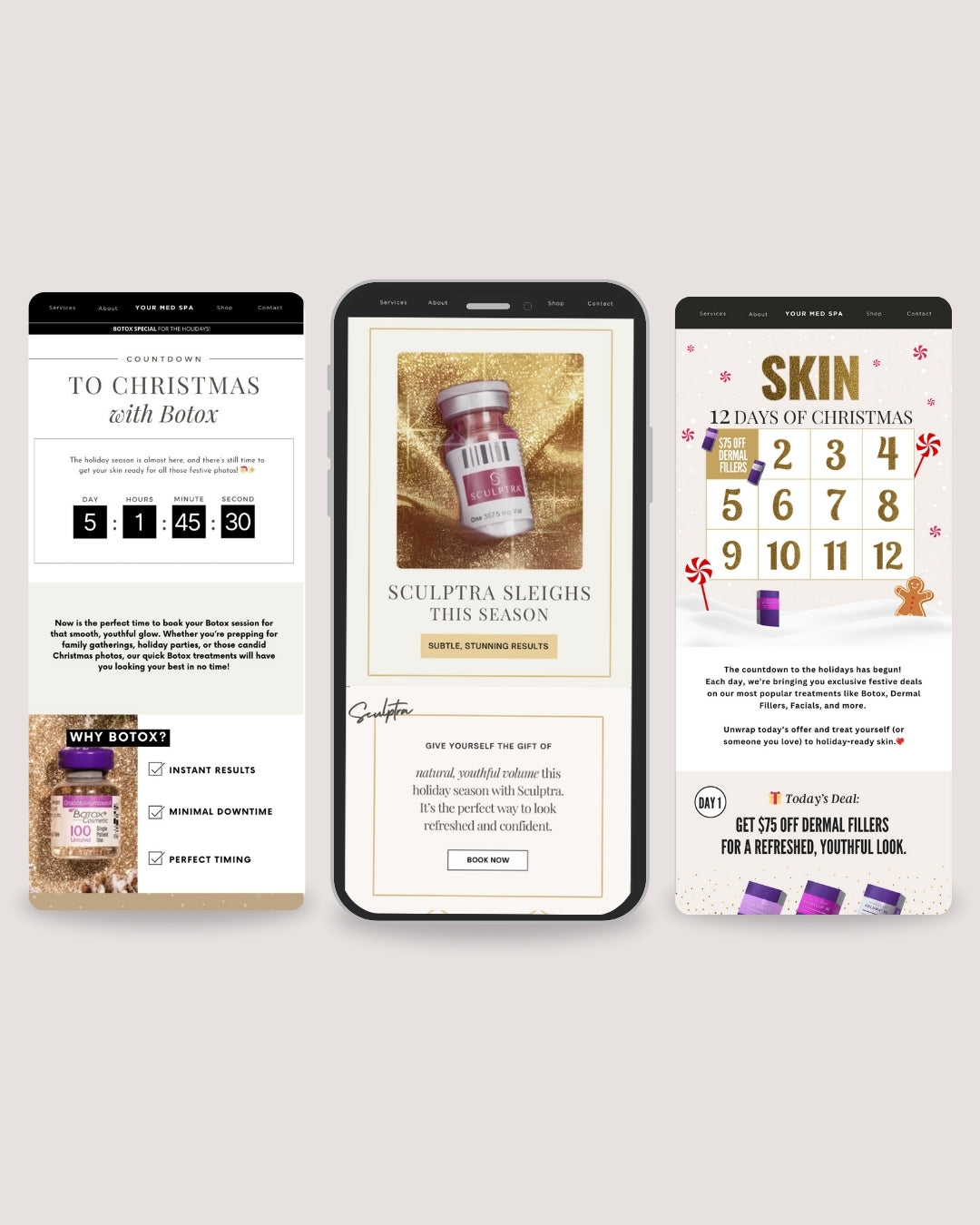 Holiday-themed email templates designed for med spas to promote Botox, facials, and skincare services.