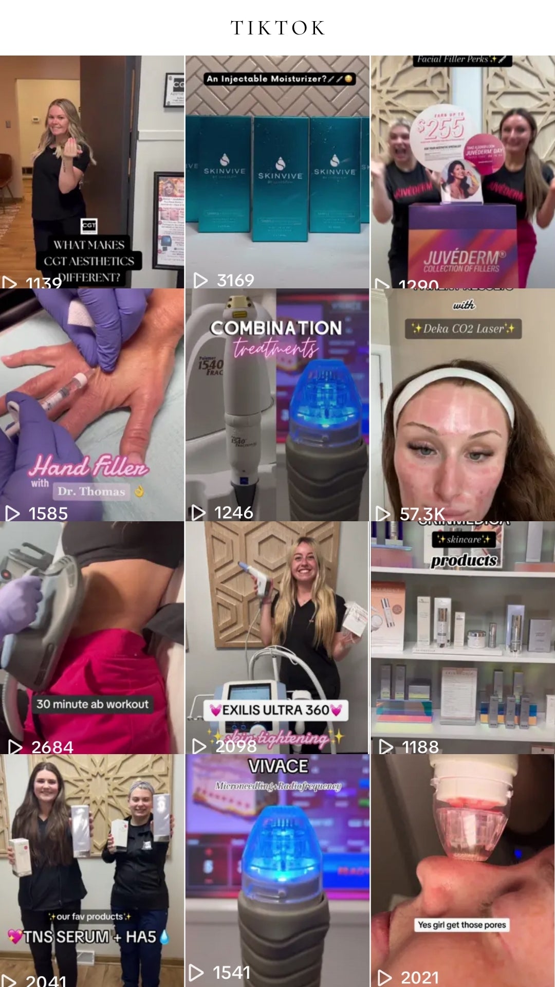 TikTok content examples for Med Spa, showcasing engaging videos on Botox, IPL Photofacial, Vivace RF Microneedling, acne treatments, body contouring, CoolPeel CO2 laser, and hair restoration. Social media management and content creation by Media by Liz.