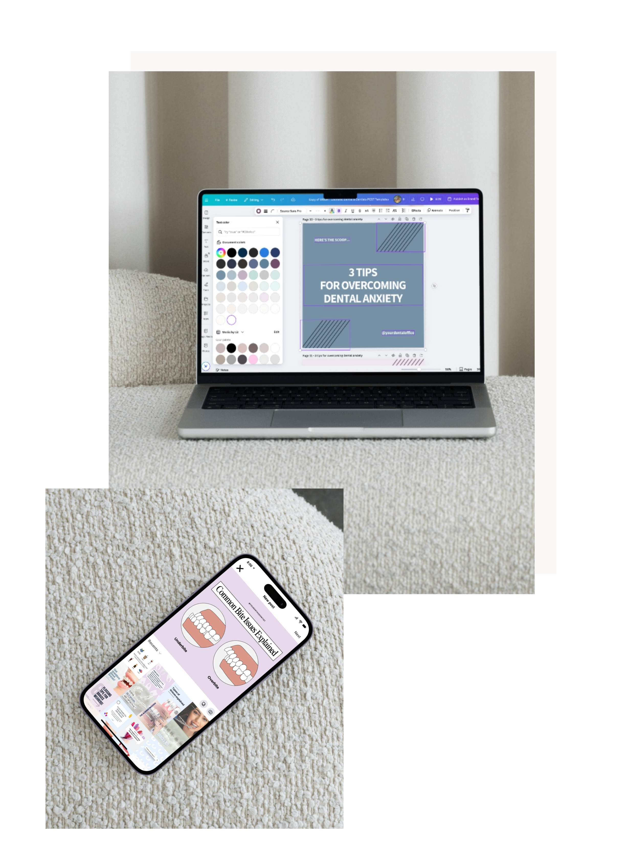 Mockup showing orthodontic Instagram Canva templates for dental professionals, featuring bite correction graphics and tips for overcoming dental anxiety, ideal for orthodontists boosting social media marketing.