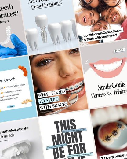 Get high-converting orthodontic Instagram templates to promote braces, Invisalign, and cosmetic dentistry services. This Canva social media kit includes 80 Instagram post templates, 67 engaging story templates, and 31 highlight covers designed to grow your orthodontic practice. Ideal for orthodontists, dental clinics, and marketing teams looking to increase patient bookings and engagement!