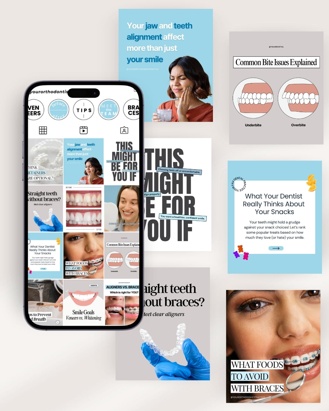 Orthodontist social media templates for Instagram—customizable Canva designs for Invisalign, braces, retainers, and teeth alignment marketing. Perfect for orthodontists, cosmetic dentists, and dental practices to attract new patients, boost engagement, and grow their brand. Includes 80 Instagram post templates, 67 story templates, 31 highlight covers, SEO-optimized captions, and high-converting designs. Ideal for orthodontic marketing, dental branding, and increasing appointment bookings. Download instantly