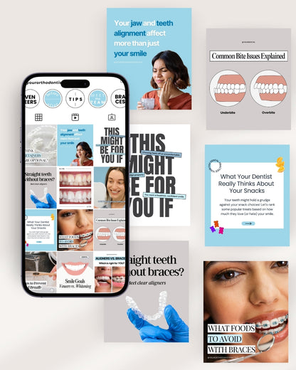 Orthodontist social media templates for Instagram—customizable Canva designs for Invisalign, braces, retainers, and teeth alignment marketing. Perfect for orthodontists, cosmetic dentists, and dental practices to attract new patients, boost engagement, and grow their brand. Includes 80 Instagram post templates, 67 story templates, 31 highlight covers, SEO-optimized captions, and high-converting designs. Ideal for orthodontic marketing, dental branding, and increasing appointment bookings. Download instantly