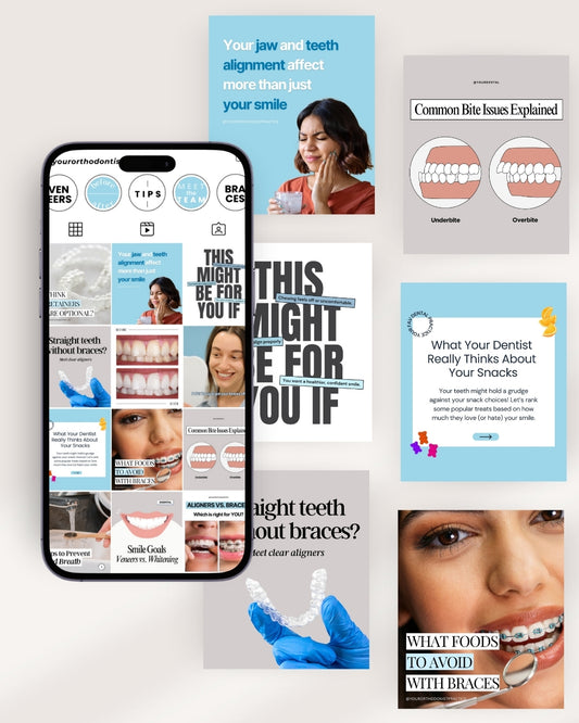 Orthodontist social media templates for Instagram—customizable Canva designs for Invisalign, braces, retainers, and teeth alignment marketing. Perfect for orthodontists, cosmetic dentists, and dental practices to attract new patients, boost engagement, and grow their brand. Includes 80 Instagram post templates, 67 story templates, 31 highlight covers, SEO-optimized captions, and high-converting designs. Ideal for orthodontic marketing, dental branding, and increasing appointment bookings. Download instantly