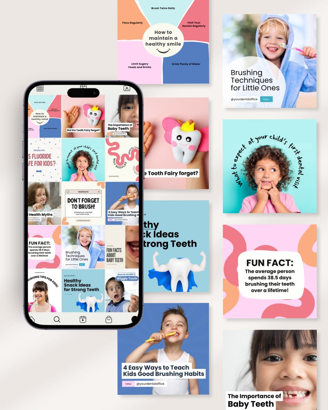 Customizable Canva Instagram templates for pediatric dentists, featuring engaging posts on brushing tips, healthy snacks for kids’ teeth, and fun content to educate and engage parents. Perfect for pediatric dental practices looking to boost social media engagement and grow their online presence with child-friendly, professional designs.








