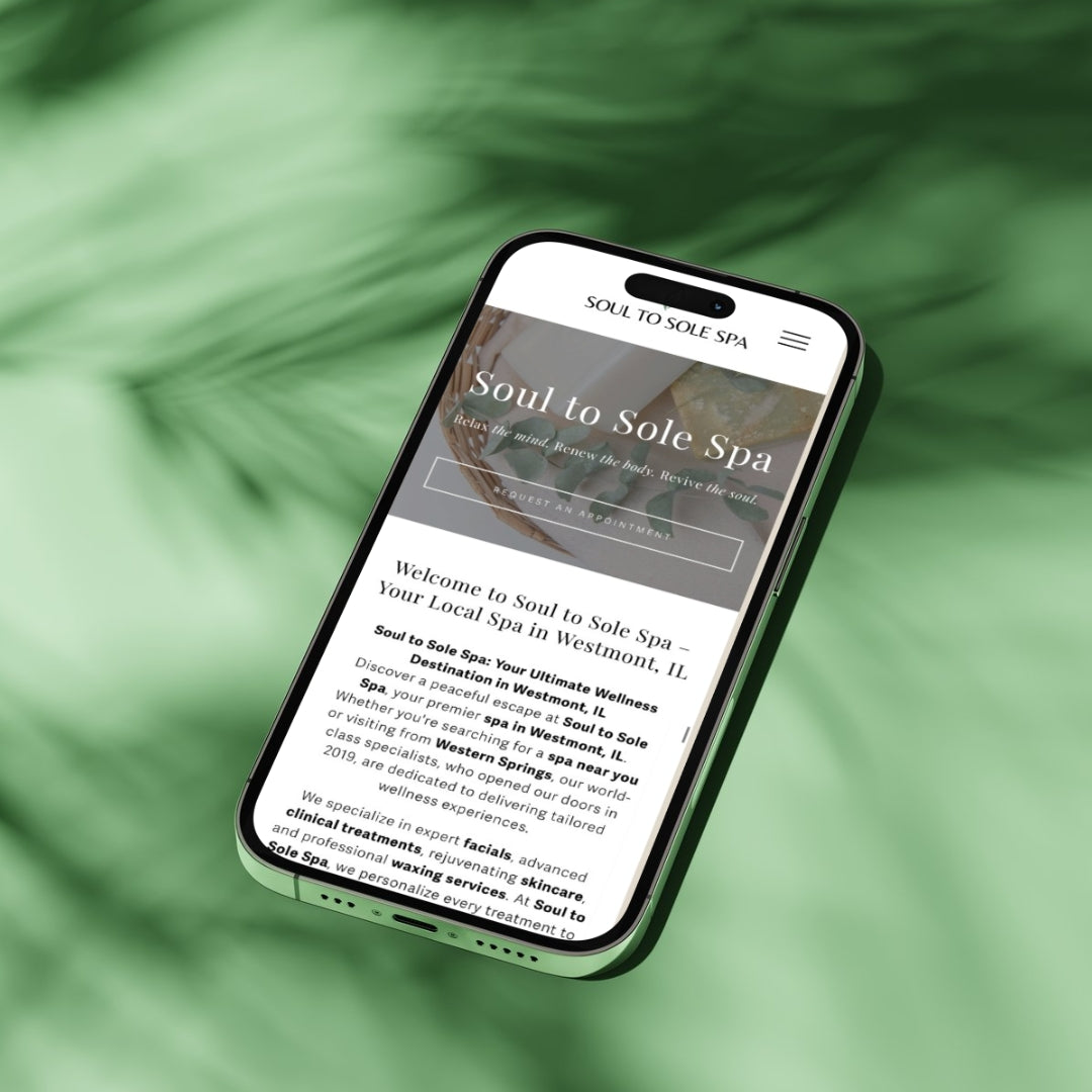 Mobile website design for Soul to Sole Spa, showcasing a modern, user-friendly layout with engaging visuals, seamless navigation, and integrated booking features. Created by Media by Liz to enhance online presence, improve user experience, and drive client bookings.