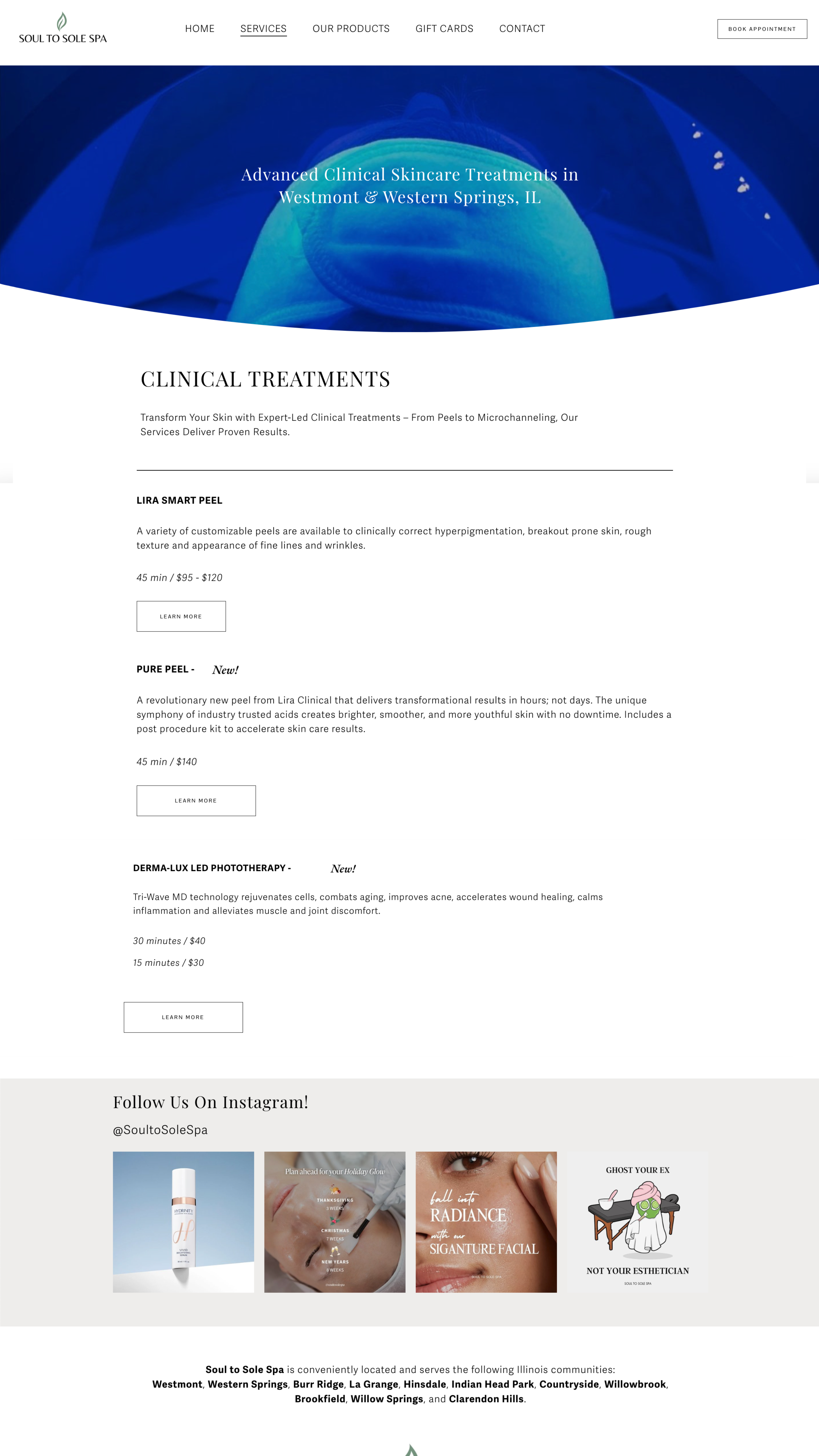Soul to Sole Spa custom web design featuring a clean and professional layout for showcasing clinical skincare services, including advanced peels and phototherapy treatments, with responsive design for better user experience.