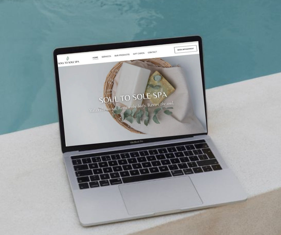 Website design for Soul to Sole Spa, showcasing a modern, user-friendly layout with engaging visuals, seamless navigation, and integrated booking features. Created by Media by Liz to enhance online presence, improve user experience, and drive client bookings.