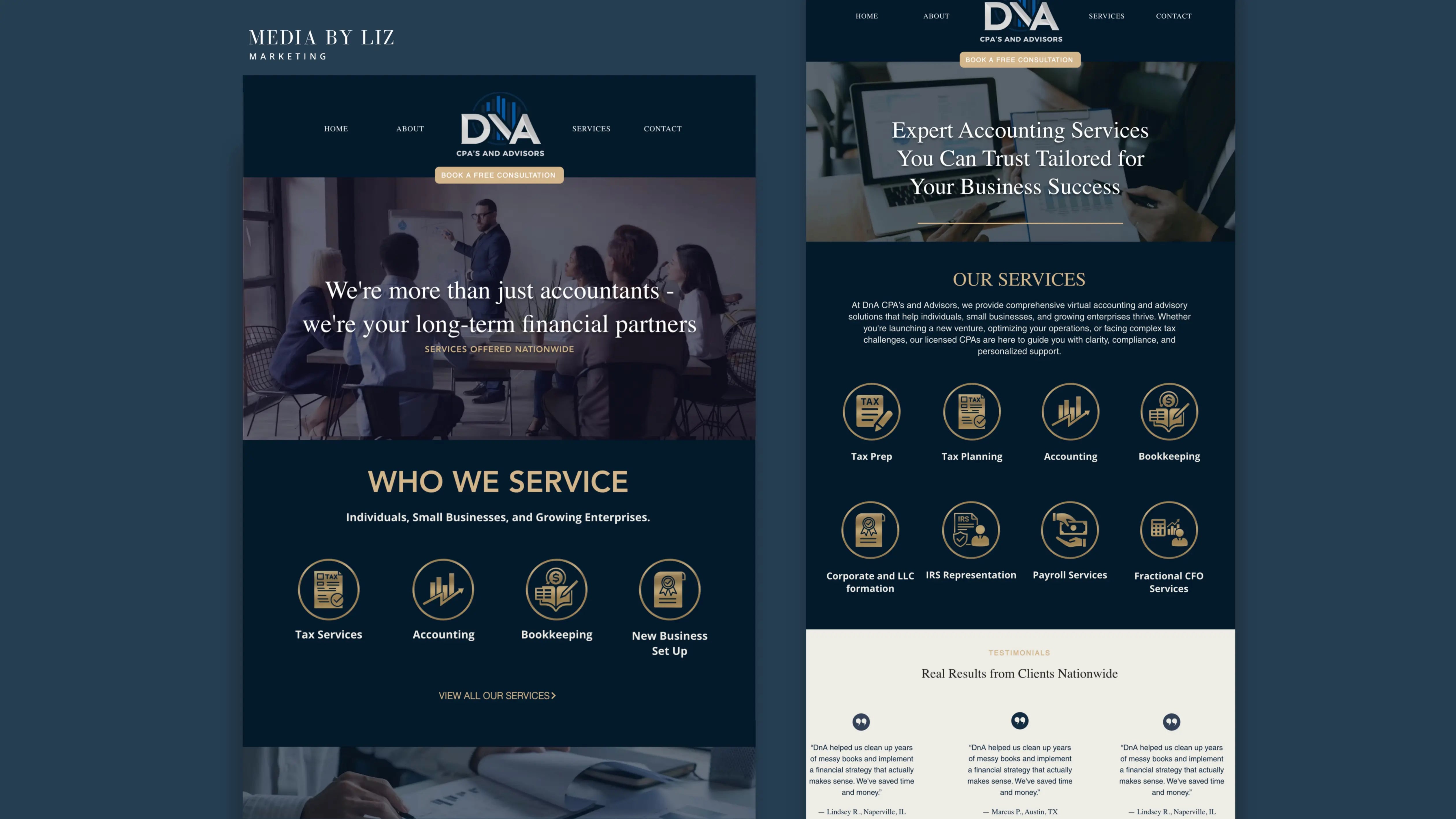 Custom accounting firm website design for DnA CPAs with responsive layout and SEO optimization