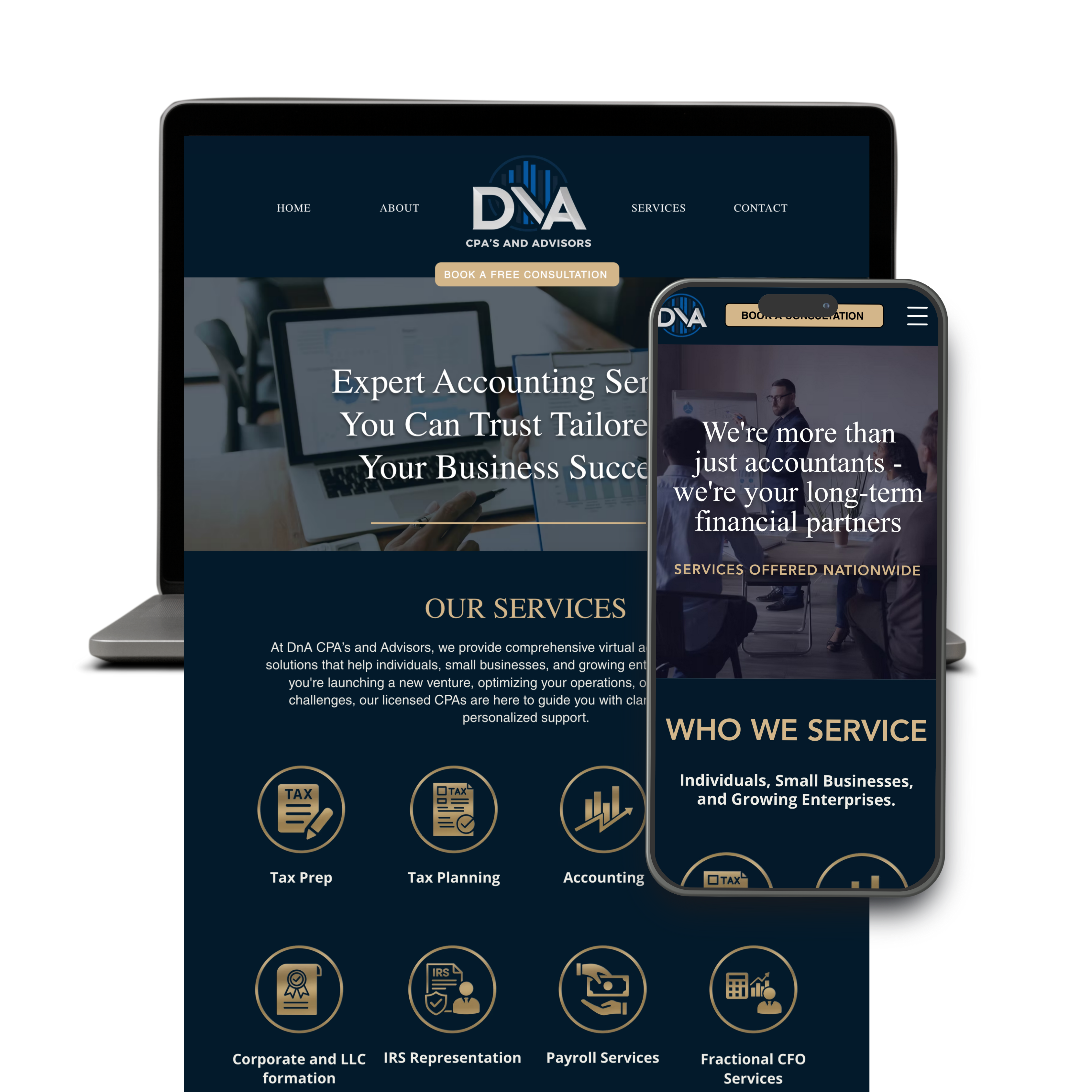 Accounting firm website design with tax services and lead capture CTA