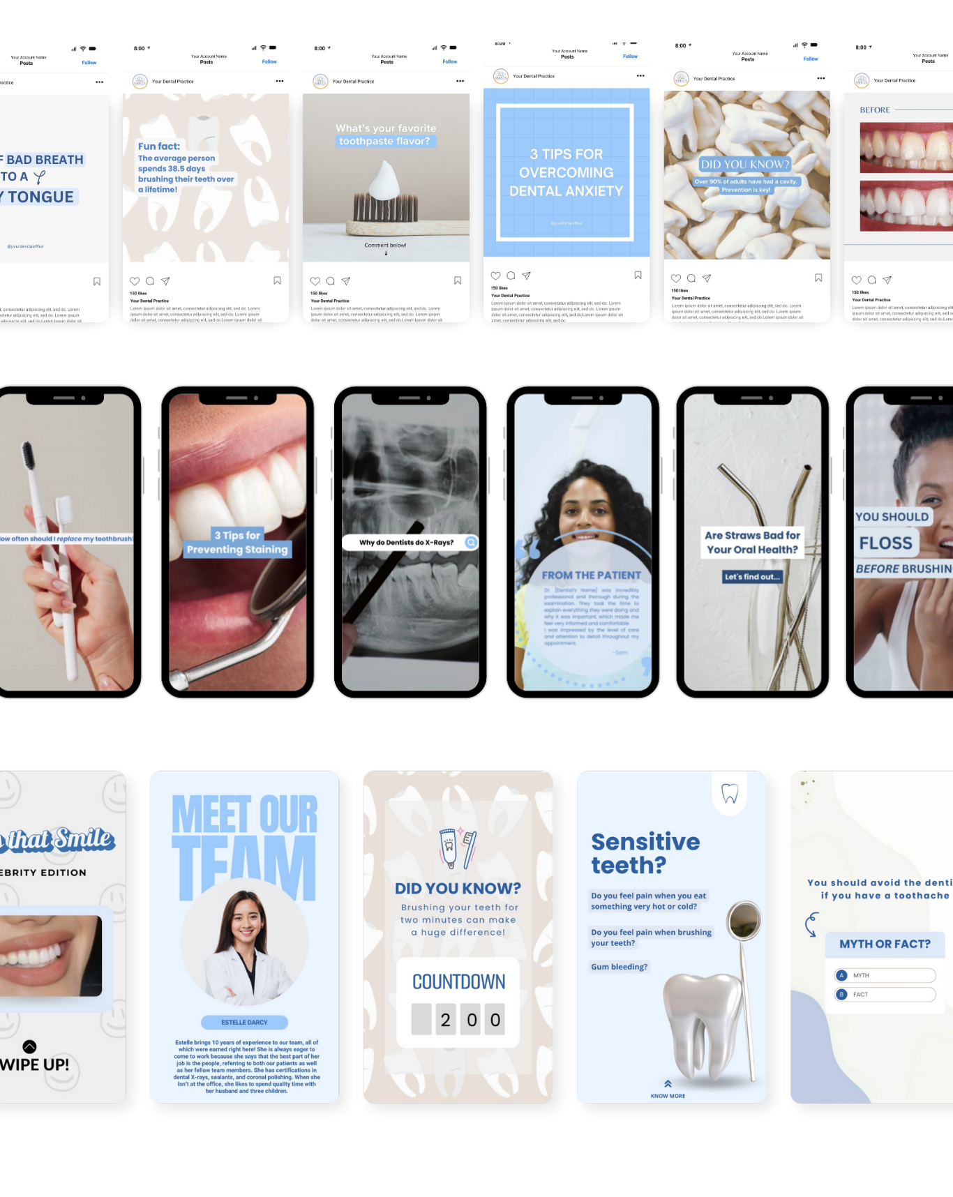 Instagram template bundle for dentists featuring Canva designs for dental anxiety tips, staining prevention, toothbrush replacement, patient testimonials, and meet the team stories
