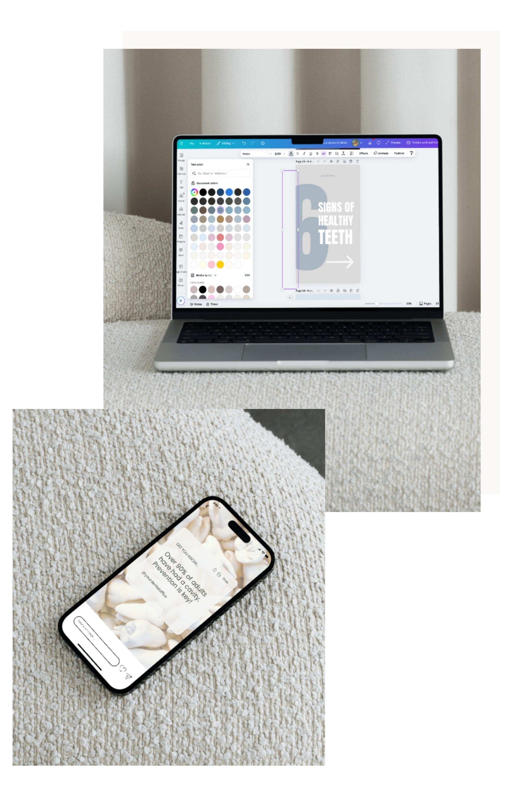 Mockup of Canva editing interface and smartphone preview showcasing Neutral Dentist Instagram Story Templates, including dental health facts and educational dental content for social media marketing.