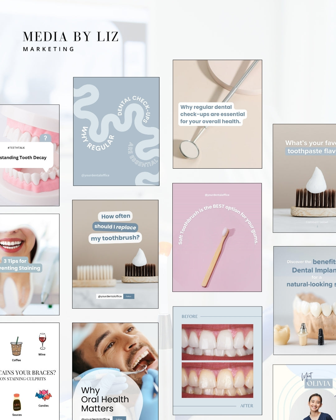 Instagram mockups featuring educational dentist Canva templates with oral hygiene tips, designed for dental marketing professionals.