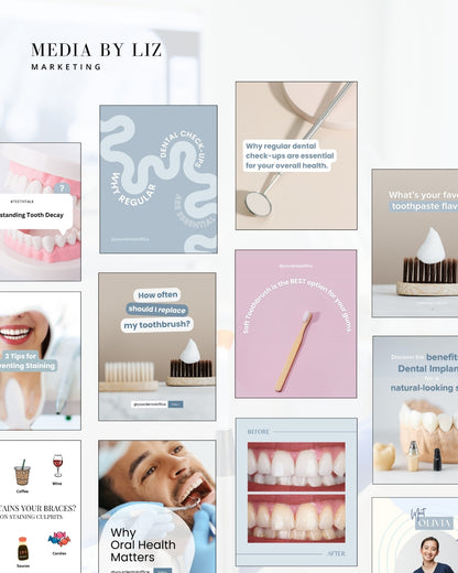 Instagram mockups featuring educational dentist Canva templates with oral hygiene tips, designed for dental marketing professionals.