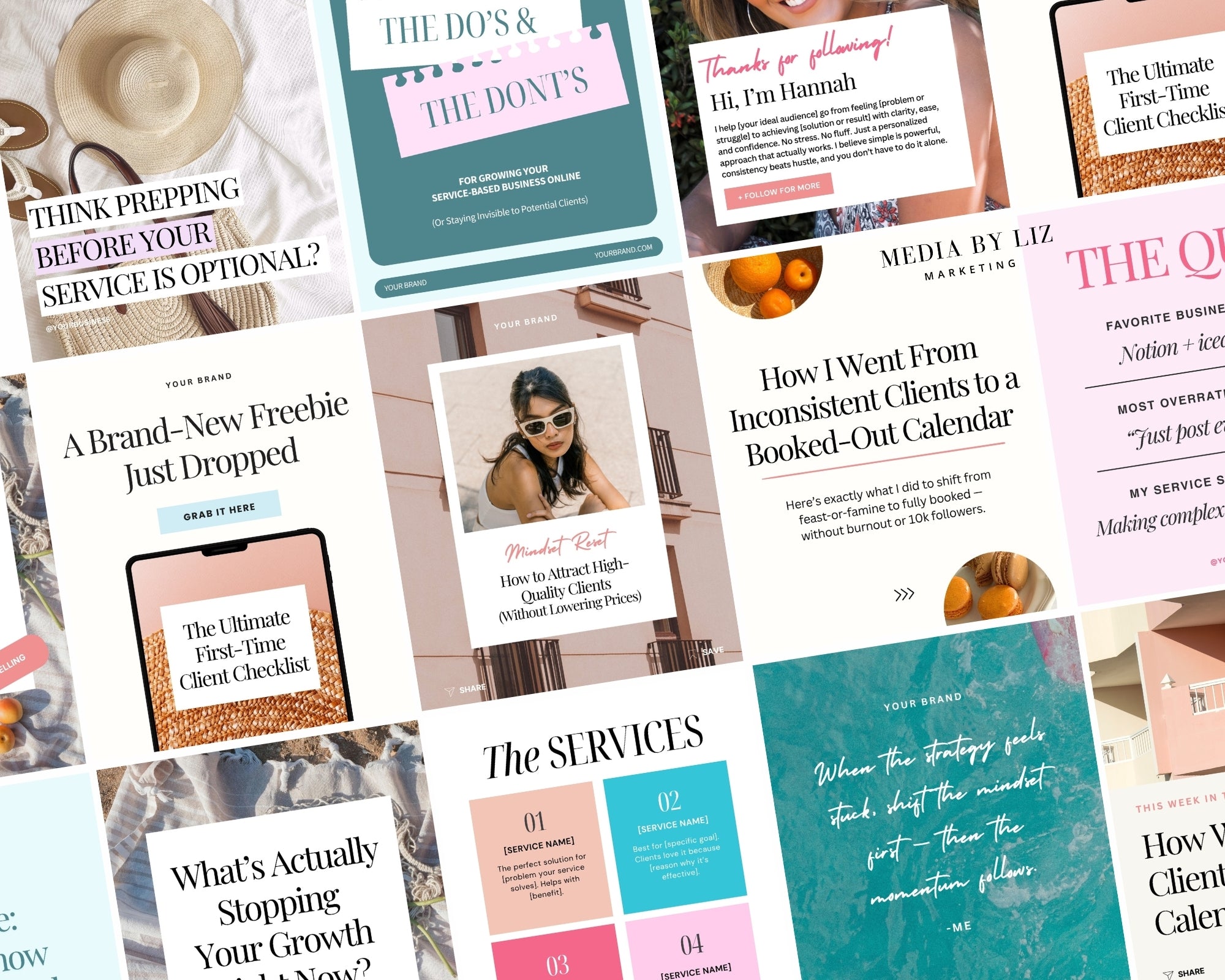 Grid of Canva Instagram templates for service providers featuring client checklists, service spotlights, and educational content — ideal for coaches, creatives, and freelancers growing their business online.