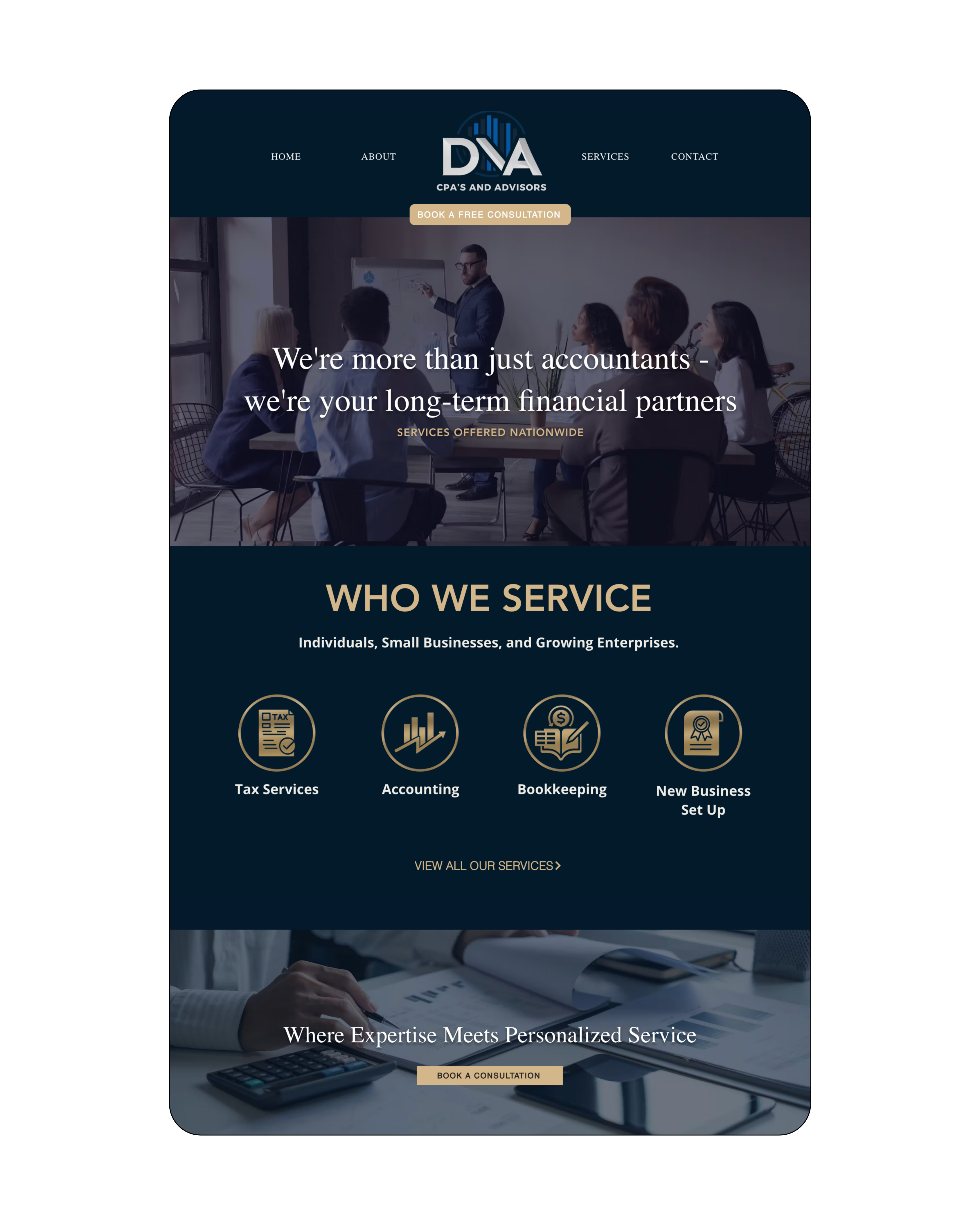 Multi-location accounting firm website design with clear service pages and professional branding