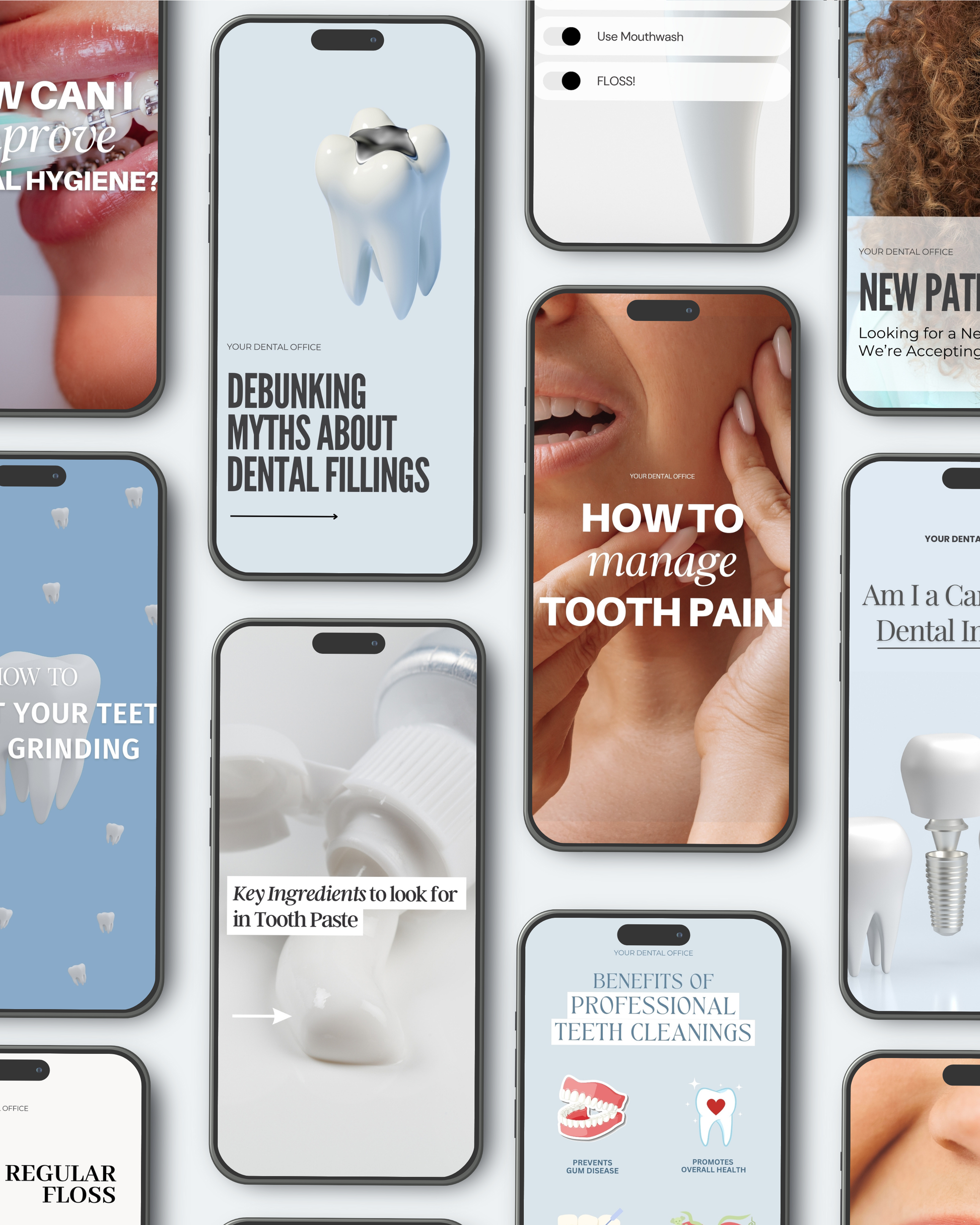 Dental marketing Instagram templates on phone screens featuring tips on tooth grinding, mouthwash use, and patient testimonials