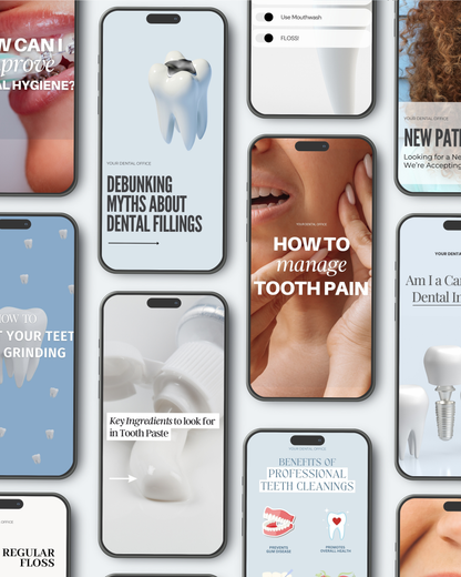 Dental marketing Instagram templates on phone screens featuring tips on tooth grinding, mouthwash use, and patient testimonials