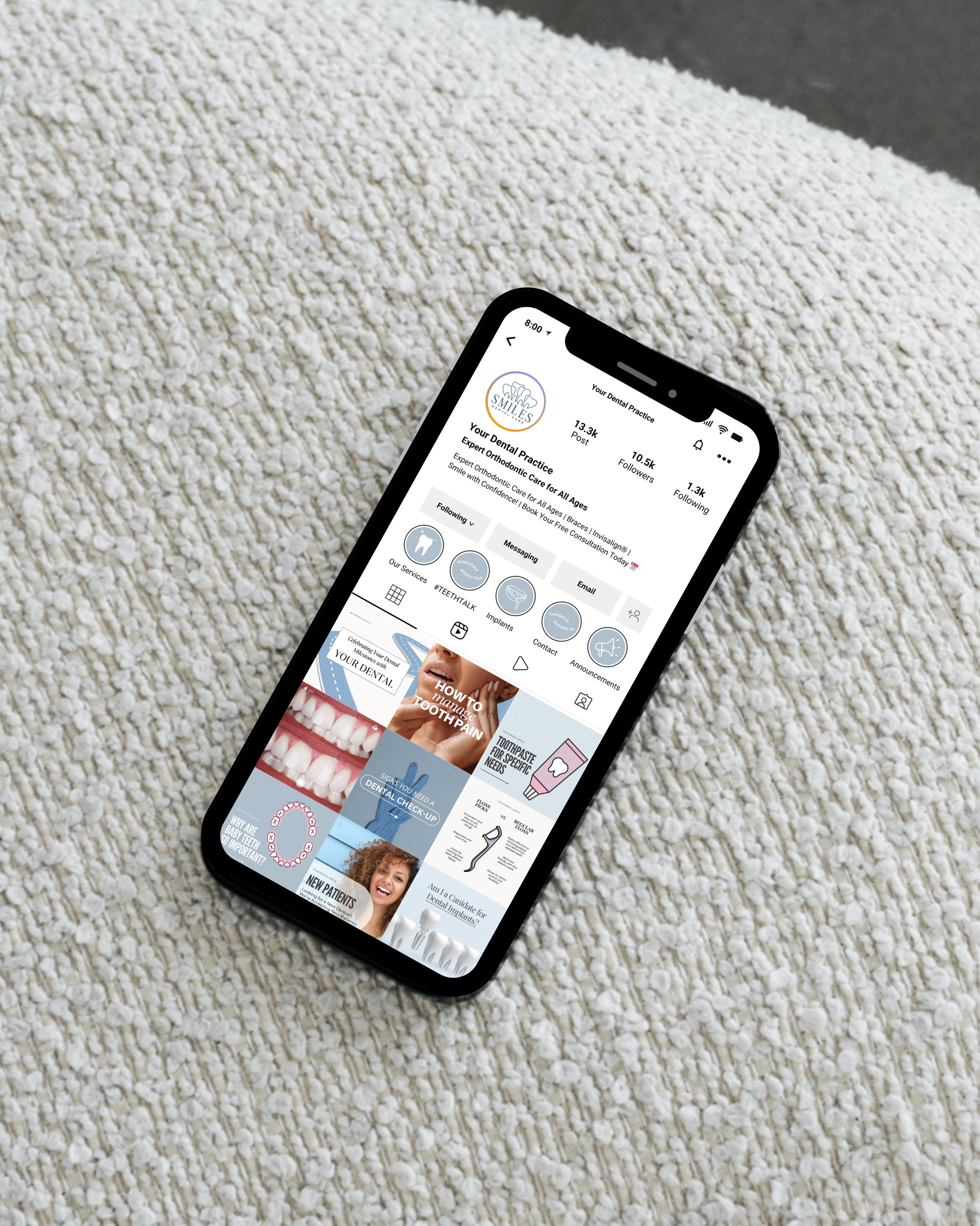 Mockup of a dental Instagram feed on a smartphone featuring Canva templates for dentists promoting tooth pain relief, patient education, and cosmetic treatments