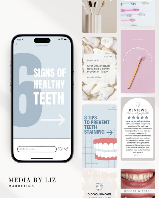 Neutral-themed Instagram Story templates for dentists, including designs for oral hygiene tips, cavity prevention, dental check-up reminders, and educational slides — shown on mobile mockups.