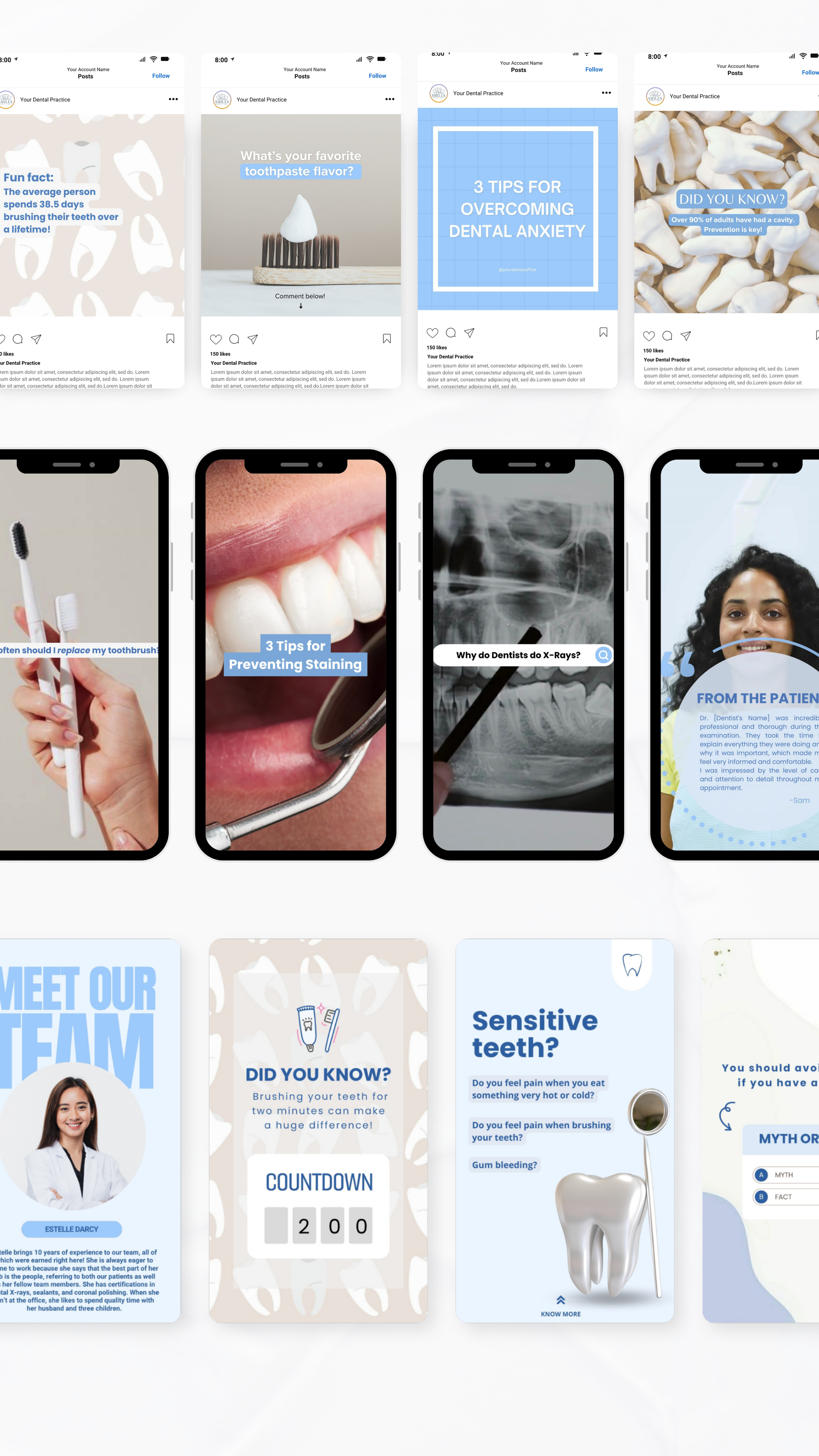 Editable Canva templates for dentists featuring Instagram posts and Reels about dental anxiety, cavities, toothbrush use, x-rays, and oral health tips