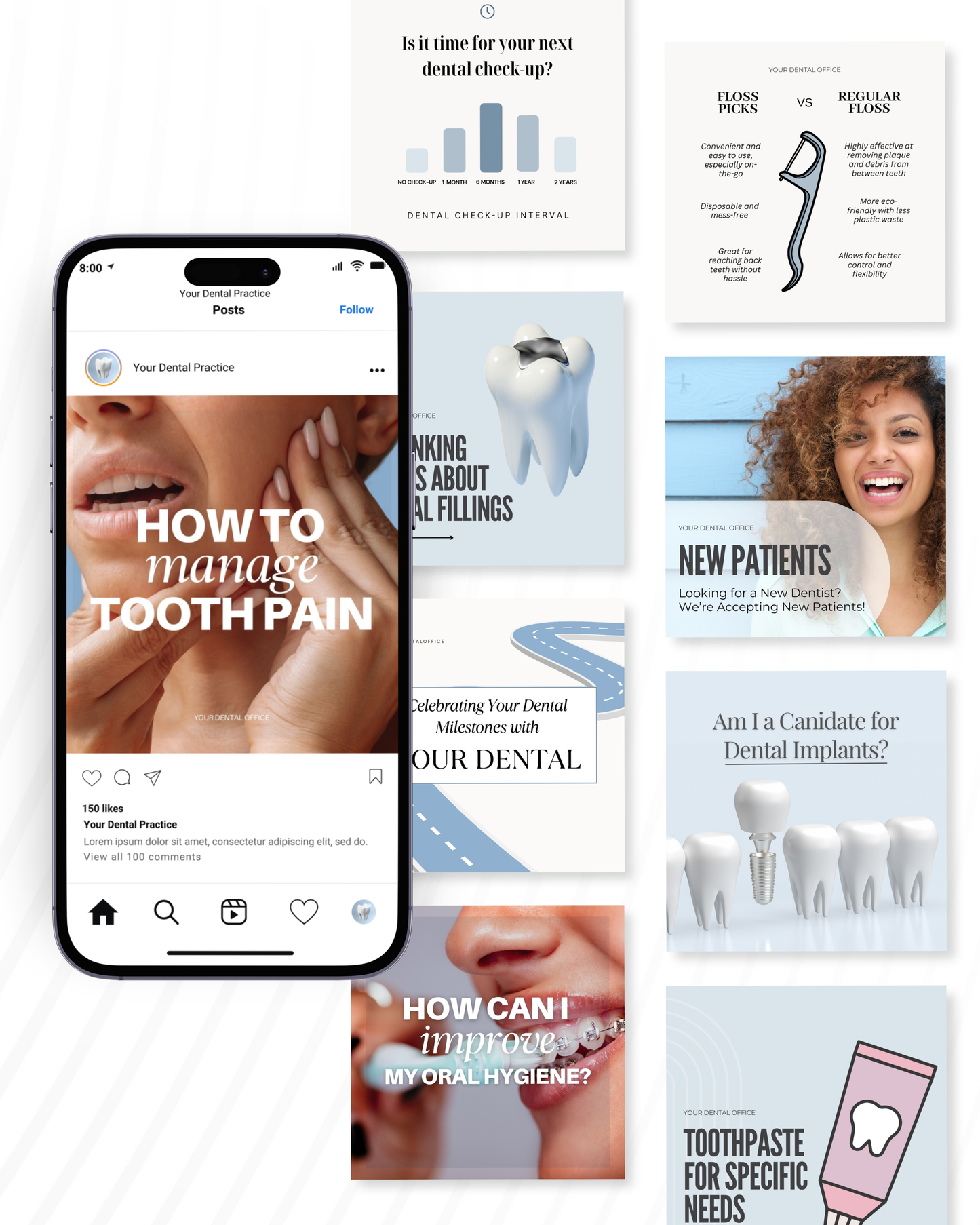 Instagram dental post templates showing how to manage tooth pain, attract new patients, and promote oral hygiene for dentists
