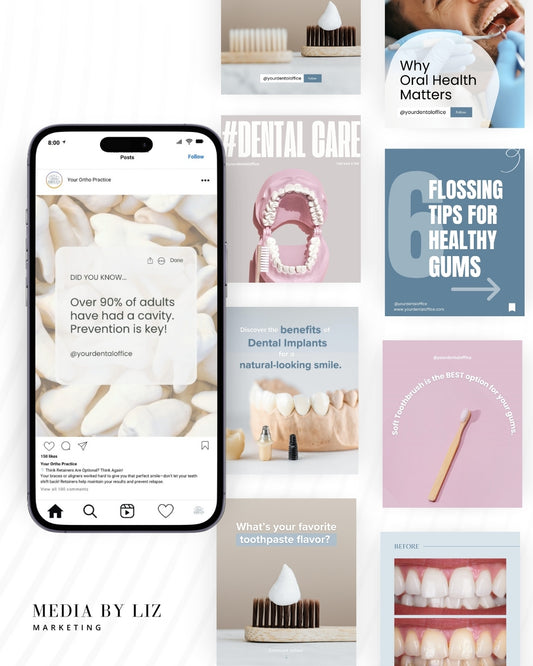 Collection of Instagram posts for dentists including dental implant facts, brushing tips, and oral health education—editable in Canva for dental practices.