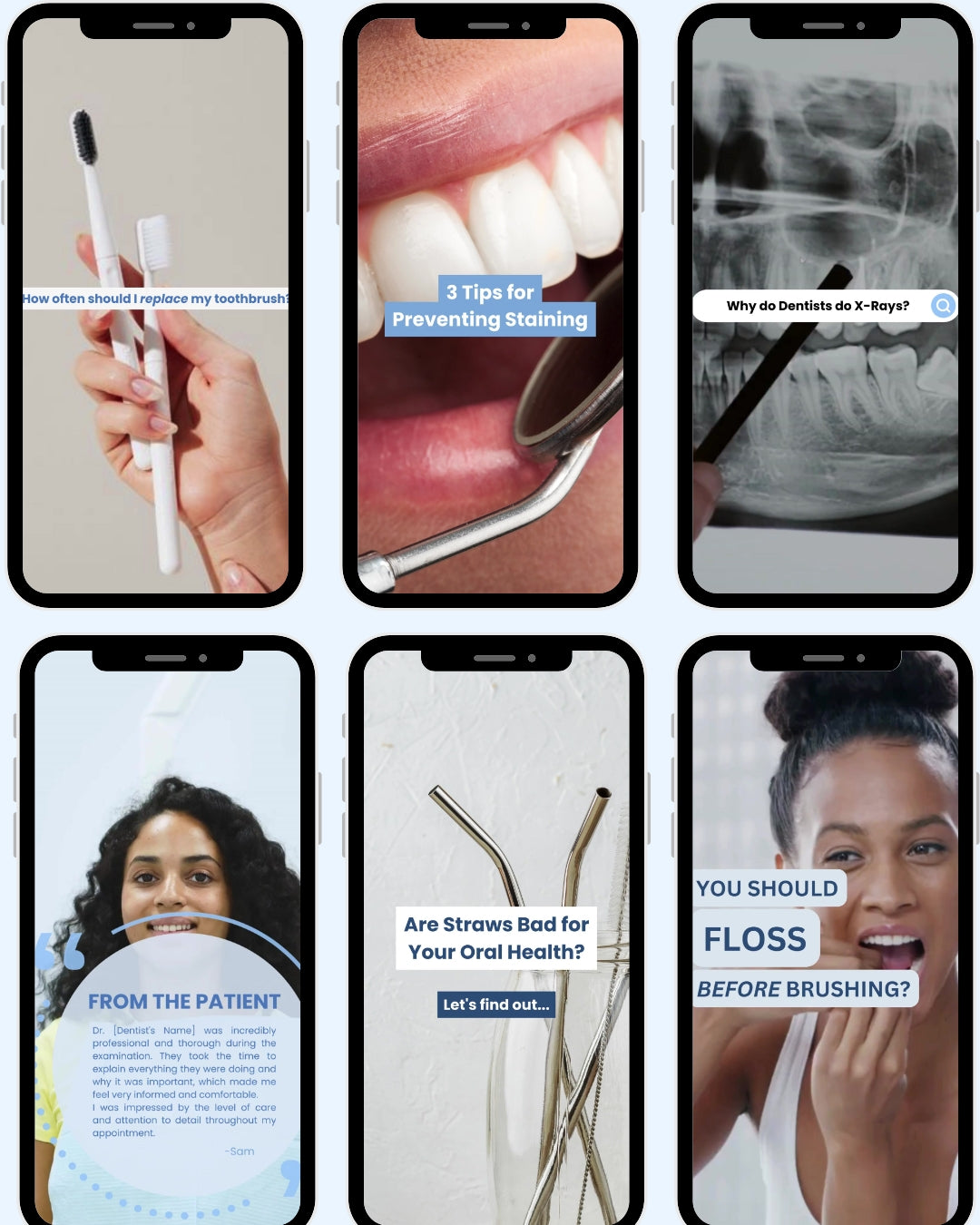 Instagram Reels Canva templates for dentists featuring educational content on toothbrush replacement, flossing, dental x-rays, staining prevention, straws, and patient testimonials