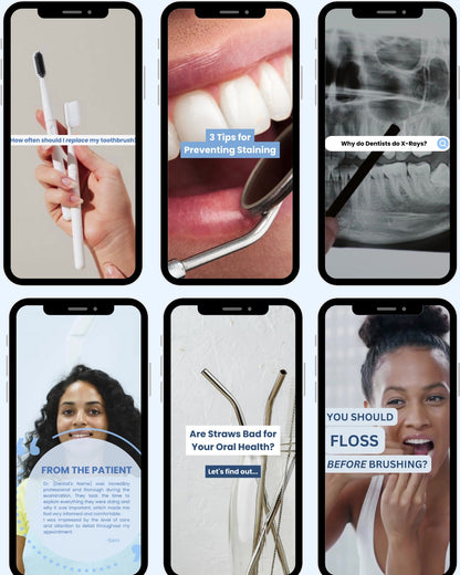 Instagram Reels Canva templates for dentists featuring educational content on toothbrush replacement, flossing, dental x-rays, staining prevention, straws, and patient testimonials