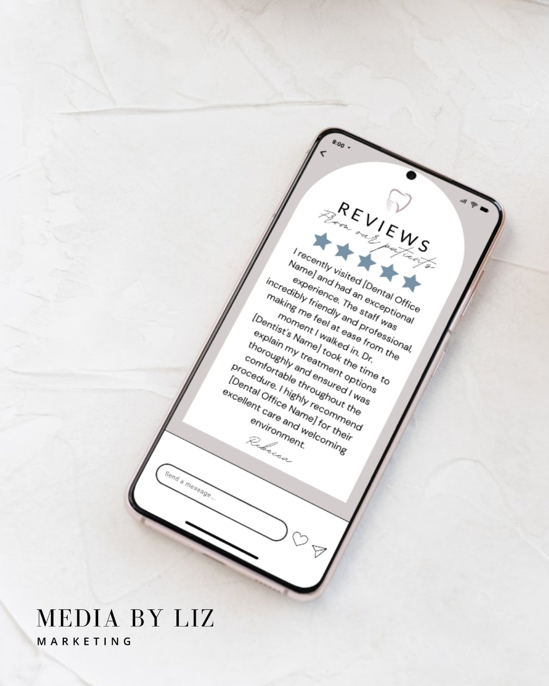 Editable Canva Instagram Story review template for dentists with 5-star testimonial layout, ideal for building social proof and trust on dental practice Instagram pages.


