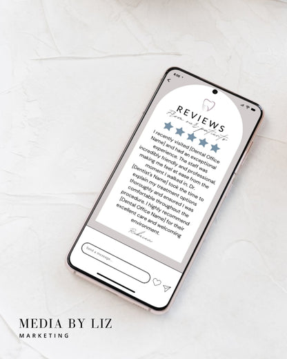 Editable Canva Instagram Story review template for dentists with 5-star testimonial layout, ideal for building social proof and trust on dental practice Instagram pages.

