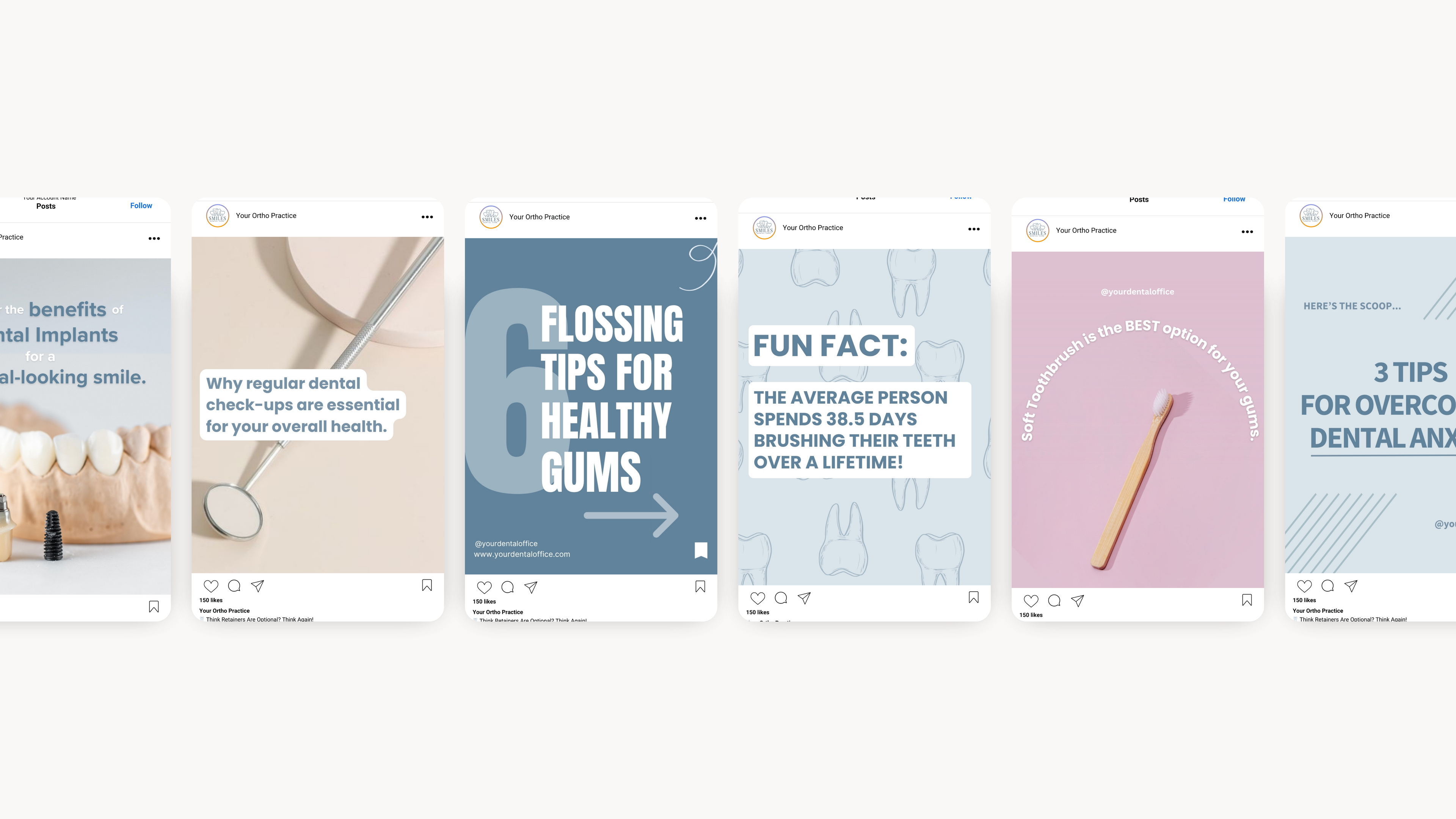 Neutral dental Instagram templates kit for dentists – customizable Canva designs to grow dental practice visibility
